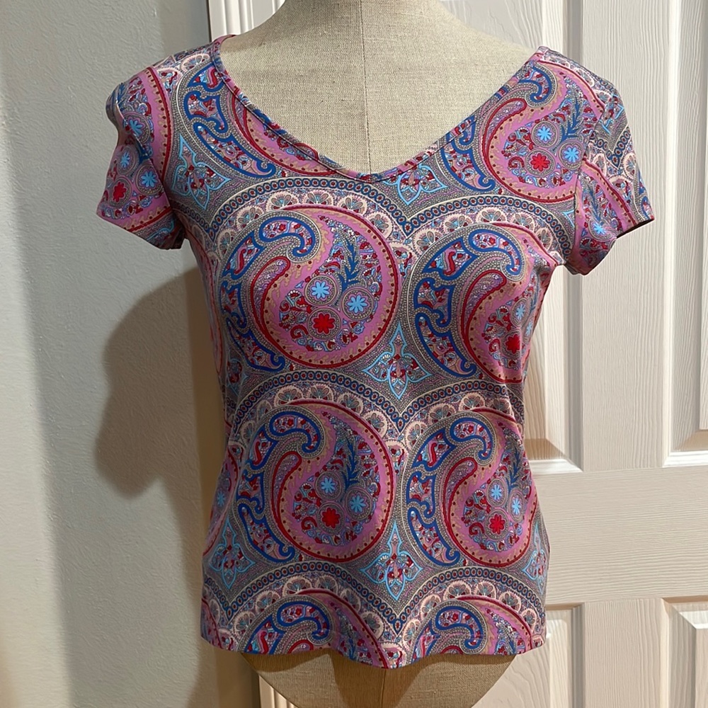 Y2K Apostrophe paisley short sleeves V neck top pink blue women’s petite 4 XS